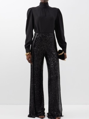 TOM FORD Sequinned wide-leg trousers in black ~ women’s glamorous sequin covered occasion clothes ~ womens glittering sheer overlay evening pants - flipped