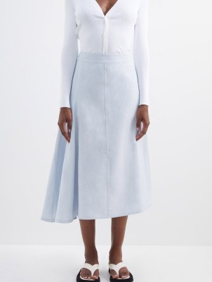 JIL SANDER Asymmetric coated-linen midi skirt in blue ~ side draped skirts - flipped