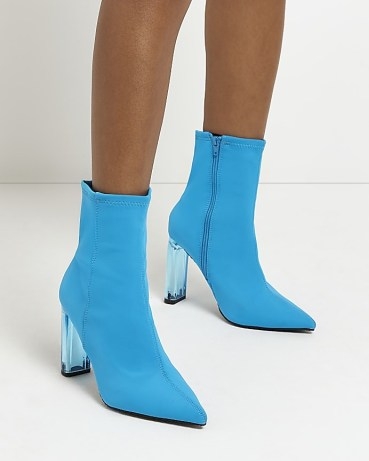 RIVER ISLAND BLUE PERSPEX HEEL ANKLE BOOTS ~ clear heels - flipped