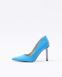 RIVER ISLAND BLUE SATIN EMBELLISHED HEELED COURT SHOES ~ textured stiletto heel courts
