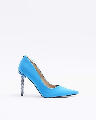 RIVER ISLAND BLUE SATIN EMBELLISHED HEELED COURT SHOES ~ textured stiletto heel courts - flipped