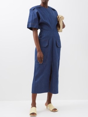 VICTORIA BECKHAM Tailored Japanese-denim utility dress in blue – structured utilitarian dresses – cinched waist - flipped