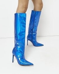 RIVER ISLAND BLUE VINYL HEELED KNEE HIGH BOOTS ~ women’s high shine footwear