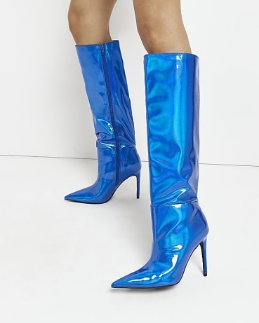 RIVER ISLAND BLUE VINYL HEELED KNEE HIGH BOOTS ~ women’s high shine footwear - flipped