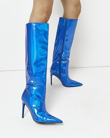 RIVER ISLAND BLUE VINYL HEELED KNEE HIGH BOOTS ~ women’s high shine footwear