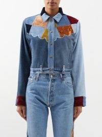 RE/DONE X Levi’s patchwork denim jacket in blue ~ women’s casual shirts with velvet patches ~ western inspired scalloped seamed yolk