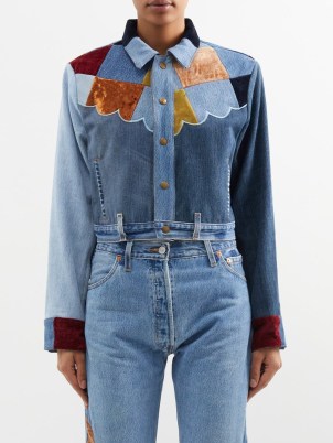 RE/DONE X Levi’s patchwork denim jacket in blue ~ women’s casual shirts with velvet patches ~ western inspired scalloped seamed yolk - flipped