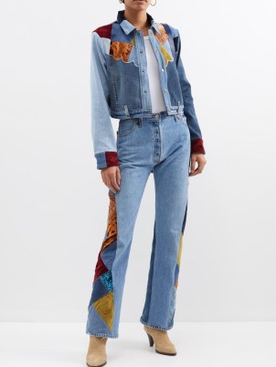 RE/DONE X Levi’s 70s patchwork wide-leg jeans in blue ~ women’s denim fashion with multicoloured velvet patches ~ womens casual 70s vintage style clothes - flipped