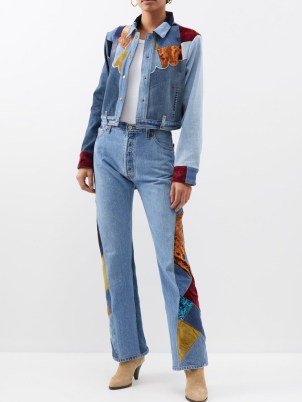 RE/DONE X Levi’s 70s patchwork wide-leg jeans in blue ~ women’s denim fashion with multicoloured velvet patches ~ womens casual 70s vintage style clothes