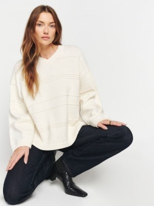 Reformation Brandy Oversized Cotton Sweater in Cream | luxe V-neck sweaters | womens slouchy jumpers | relaxed fit knits - flipped