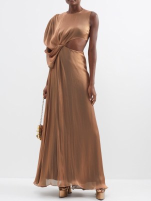 HALPERN Draped cutout satin gown in brown ~ fluid one sleeve gowns ~ luxe occasion maxi dresses ~ cut out evening event clothes - flipped