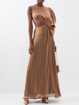 HALPERN Draped cutout satin gown in brown ~ fluid one sleeve gowns ~ luxe occasion maxi dresses ~ cut out evening event clothes