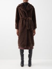HERNO Faux-fur coat in brown / women’s chocolate tie waist belted coats / womens plush winter outerwear