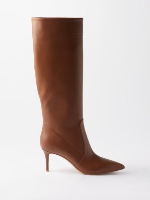 GIANVITO ROSSI Hansen 70 leather point-toe knee boots in brown ~ women’s chic winter footwear ~ sharp point toe ~ stiletto heel - flipped