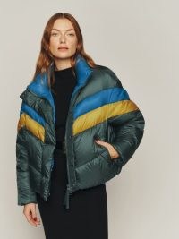 Canada Goose x Reformation Mila Puffer in Seaweed Multi/Peacock – women’s quilted colour block winter jackets – womens sustainable padded coats