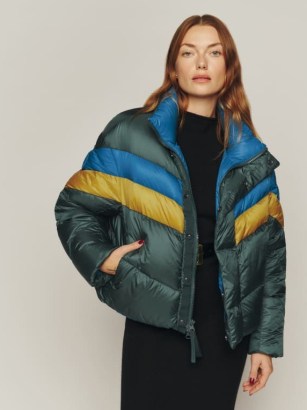 Canada Goose x Reformation Mila Puffer in Seaweed Multi/Peacock – women’s quilted colour block winter jackets – womens sustainable padded coats - flipped