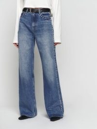 Reformation Cary High Rise Slouchy Wide Leg Jeans in Chesapeake Studded ~ womens blue denim stud detail fashion