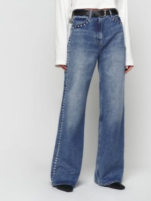 Reformation Cary High Rise Slouchy Wide Leg Jeans in Chesapeake Studded ~ womens blue denim stud detail fashion - flipped