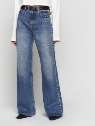 Reformation Cary High Rise Slouchy Wide Leg Jeans in Chesapeake Studded ~ womens blue denim stud detail fashion