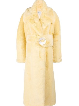 Coperni faux-fur belted maxi coat in yellow | plush longline coats | womens luxe winter outerwear - flipped