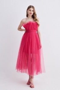 KAREN MILLEN Corseted Tulle Woven Midi Dress in Hot Pink ~ strapless sheer net overlay occasion dresses ~ feminine party fashion