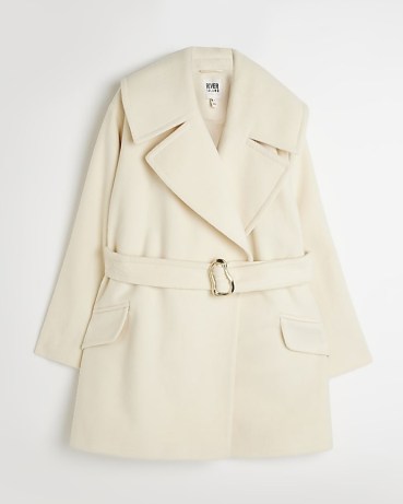 RIVER ISLAND CREAM BELTED COAT ~ chic wide collared coats