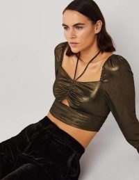 Boden Cut Out Detail Halter Top in Gold / metallic long sleeve crop tops / cropped evening fashion / shimmering party clothes