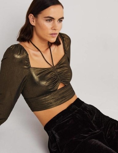 Boden Cut Out Detail Halter Top in Gold / metallic long sleeve crop tops / cropped evening fashion / shimmering party clothes - flipped