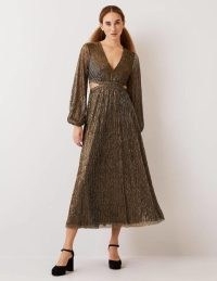 Boden Cut-out Maxi Party Dress in Gold | metallic side cutout occasion dresses | womens sparkling evening fashion