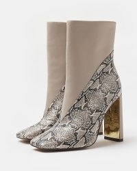 RIVER ISLAND ECRU ANIMAL PRINT HEELED ANKLE BOOTS | python prints | square toe winter footwear | snake shoe style boot