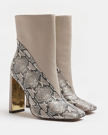 RIVER ISLAND ECRU ANIMAL PRINT HEELED ANKLE BOOTS | python prints | square toe winter footwear | snake shoe style boot - flipped