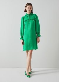 L.K. Bennett Edie Green Silk-Blend Ruffle Collar Dress | silky high neck ruffled detail dresses | luxe vintage style clothes