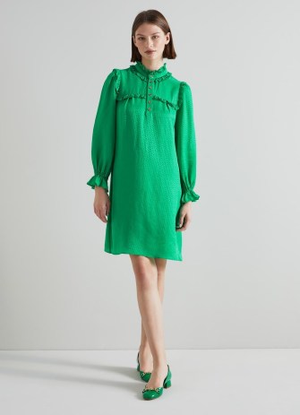 L.K. Bennett Edie Green Silk-Blend Ruffle Collar Dress | silky high neck ruffled detail dresses | luxe vintage style clothes - flipped
