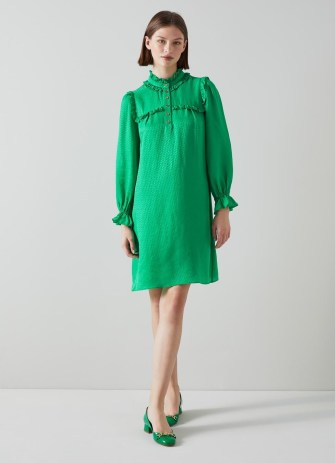 L.K. Bennett Edie Green Silk-Blend Ruffle Collar Dress | silky high neck ruffled detail dresses | luxe vintage style clothes