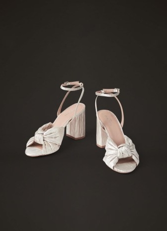 L.K. BENNETT Eliana Ivory Metallic Crinkle Satin Wedding Sandals ~ luxe bridal footwear ~ vintage inspired knot front block heel occasion shoes