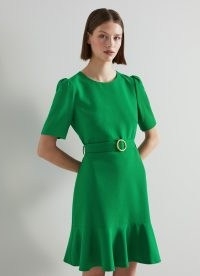 L.K. BENNETT Eliza Green Recycled Crepe Dress ~ fluted hemline dresses ~ short puff sleeves ~ tiered hem clothes