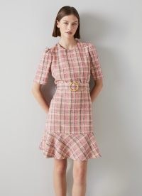 L.K. Bennett Eliza Pink Cotton-Raffia Blend Check Tweed Dress | checked peplum hem dresses | chic vintage style clothes | pephem detail