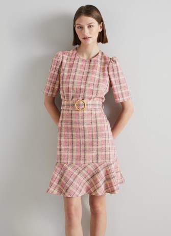 L.K. Bennett Eliza Pink Cotton-Raffia Blend Check Tweed Dress | checked peplum hem dresses | chic vintage style clothes | pephem detail - flipped