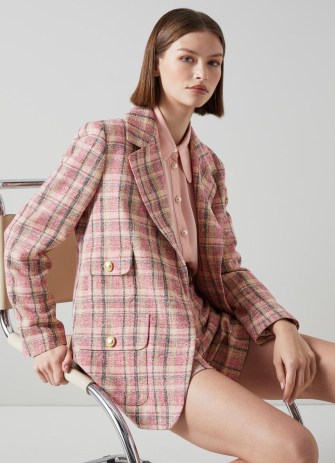 L.K. BENNETT Eliza Pink Cotton-Raffia Blend Check Tweed Jacket ~ checked gold button detail jackets