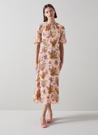 L.K. BENNETT Elowen Pink Poppy Print Midi Dress ~ womens floral vintage style occasion clothes ~ floaty feminine fashion