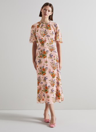 L.K. BENNETT Elowen Pink Poppy Print Midi Dress ~ womens floral vintage style occasion clothes ~ floaty feminine fashion - flipped