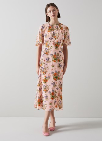 L.K. BENNETT Elowen Pink Poppy Print Midi Dress ~ womens floral vintage style occasion clothes ~ floaty feminine fashion
