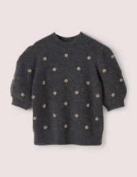 Boden Embellished Fluffy Party Tee in Charcoal Melange Embellishment | short puff sleeved jumpers