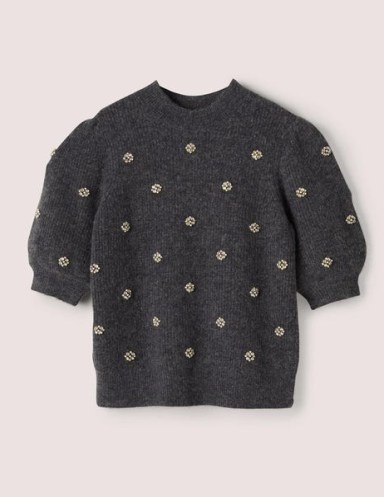 Boden Embellished Fluffy Party Tee in Charcoal Melange Embellishment | short puff sleeved jumpers