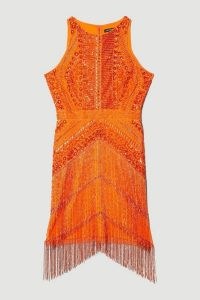 KAREN MILLEN Embellished Halter Fringed Mini Dress Orange – vibrant fringe detail occasion dresses – bright party fashion
