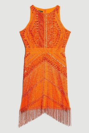 KAREN MILLEN Embellished Halter Fringed Mini Dress Orange – vibrant fringe detail occasion dresses – bright party fashion - flipped