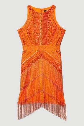 KAREN MILLEN Embellished Halter Fringed Mini Dress Orange – vibrant fringe detail occasion dresses – bright party fashion