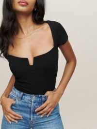 Reformation Emely Knit Top in Black | short sleeved square neck deep front cut out tops