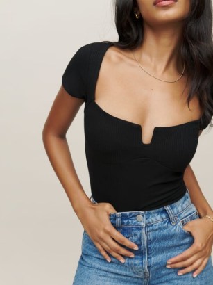 Reformation Emely Knit Top in Black | short sleeved square neck deep front cut out tops - flipped