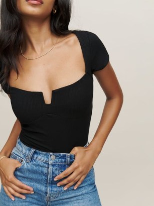 Reformation Emely Knit Top in Black | short sleeved square neck deep front cut out tops